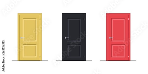 Set of closed doors with frame isolated on white background. Yellow, dark blue, red door. Front view. Element of architecture. Template design for interior, graphics, office, home, store.