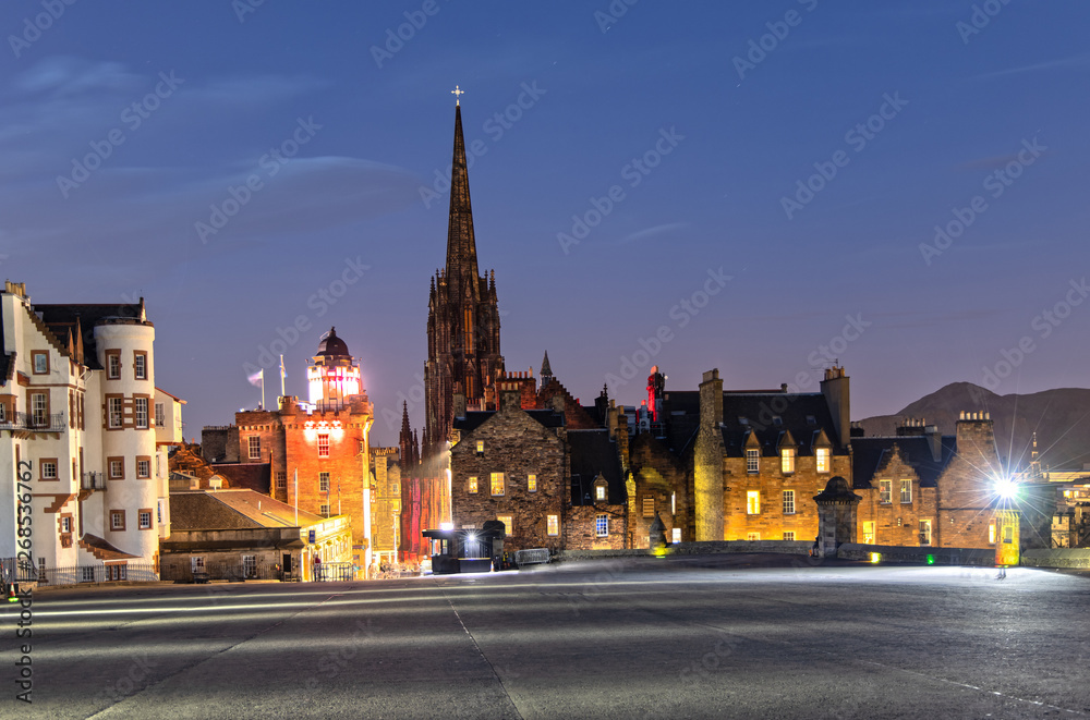 View over the Esplanade and the Hub in Edinburgh Scotland at Night