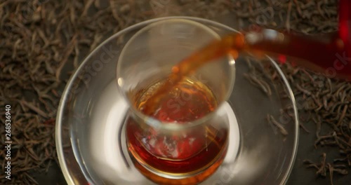 Pouring tea into the cup with teapot and tea leaves at the background. Alexa Plus Camera 