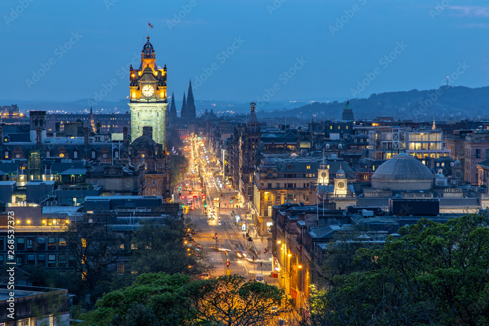 Naklejka premium View Over Princess Street and the City of Edinburgh in Scotland from Carlton Hill