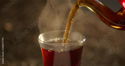Pouring tea into the cup with teapot and tea leaves at the background. Alexa Plus Camera 