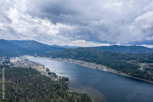 Mountain lake, low clouds, mountains, light fog