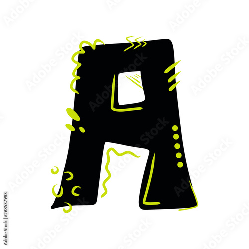 Letter A - abstract vector black font with yellow dots, stripes, lines, spots. Abc, alphabet isolated on white background. Perfect illustrtion for your design - print, poster, card, logo, label