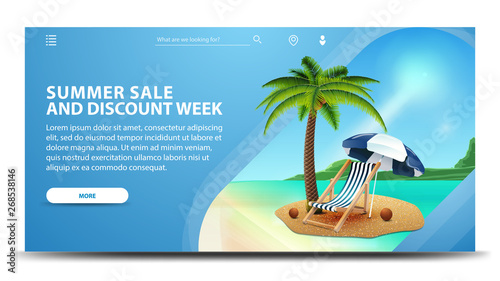 Summer sale and discount week, modern blue web banner for your website with palm tree, beach chair and beach umbrella