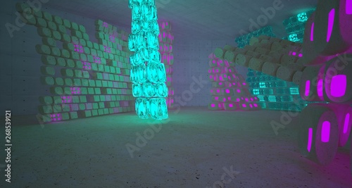Abstract Concrete Glass Smooth Futuristic Sci-Fi interior With Colored Glowing Neon Tubes . 3D illustration and rendering.