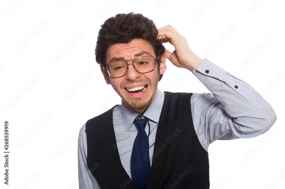 Young businessman in funny concept on white Young businessman in funny concept on white