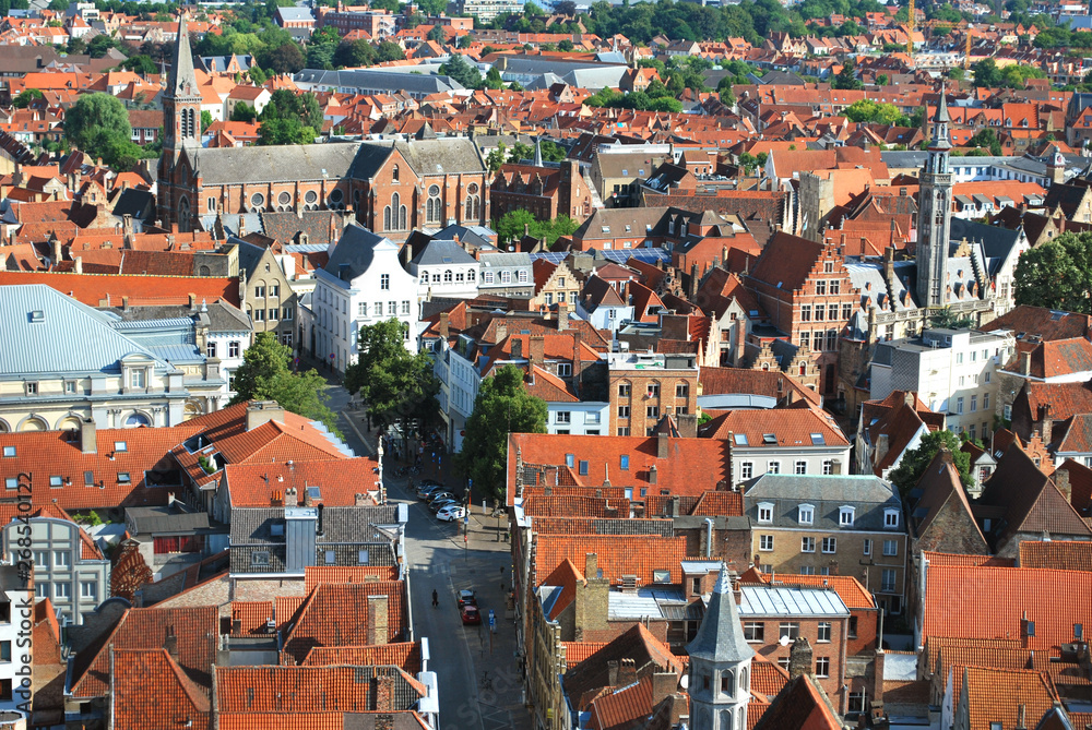 The panorama view of the historical city center in Bruges, West Flanders, Belgium