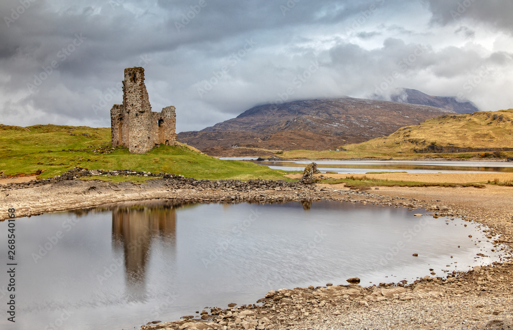 Reflection of the Ardvreck Castle in Scotland