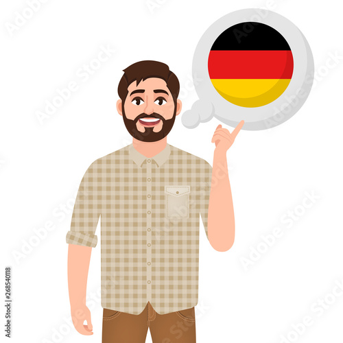 Happy bearded man says or thinks about the country Germany, European country icon, traveler or tourist vector illustration