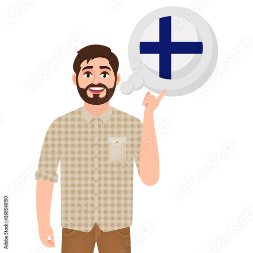 Happy bearded man says or thinks about the country of Finland, European country icon, traveler or tourist vector illustration