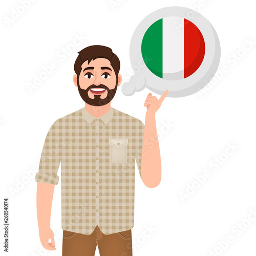 Happy bearded man talking or thinking about country Italy, European country icon, traveler or tourist vector illustration
