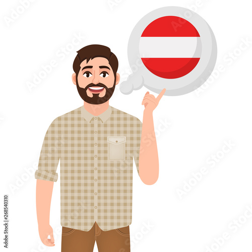 Happy bearded man talking or thinking about country Austria, European country icon, traveler or tourist vector illustration