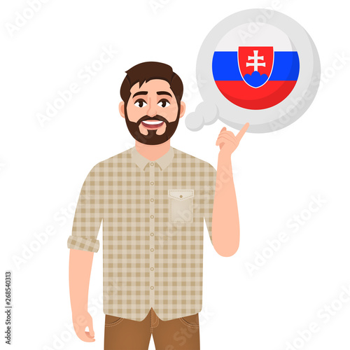 Happy bearded man says or thinks about the country Slovakia, European country icon, traveler or tourist vector illustration