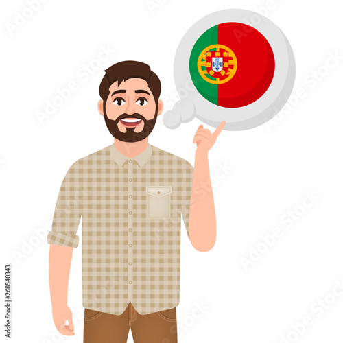 Happy bearded man says or thinks about the country of Portugal, European country icon, traveler or tourist vector illustration