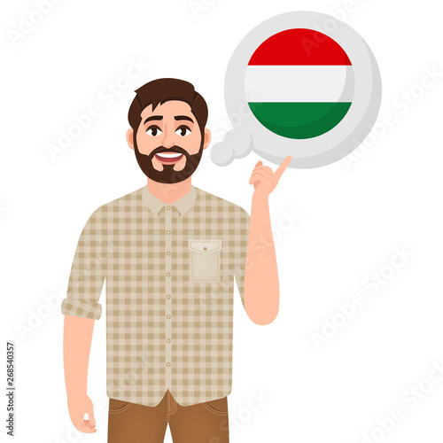 Happy bearded man says or thinks about the country of Hungary, European country icon, traveler or tourist vector illustration