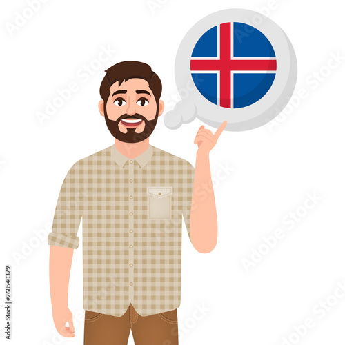 Happy bearded man says or thinks about the country Iceland, European country icon, traveler or tourist vector illustration