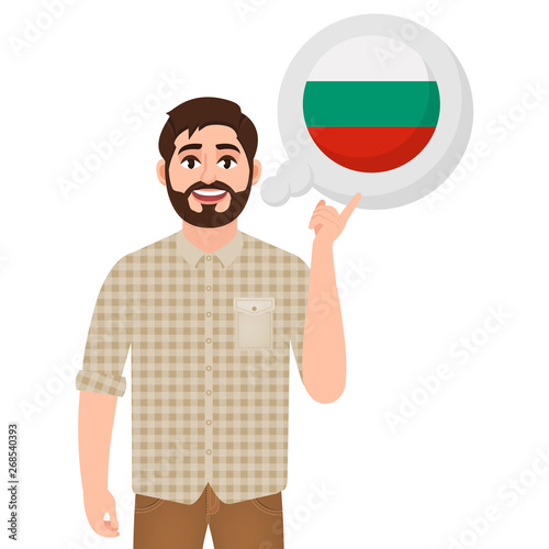 Happy bearded man says or thinks about the country of Bulgaria, European country icon, traveler or tourist vector illustration