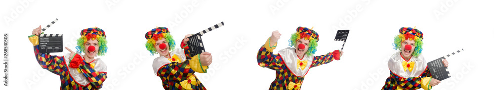 Clown with movie clapper isolated on white Clown with movie clapper isolated on white