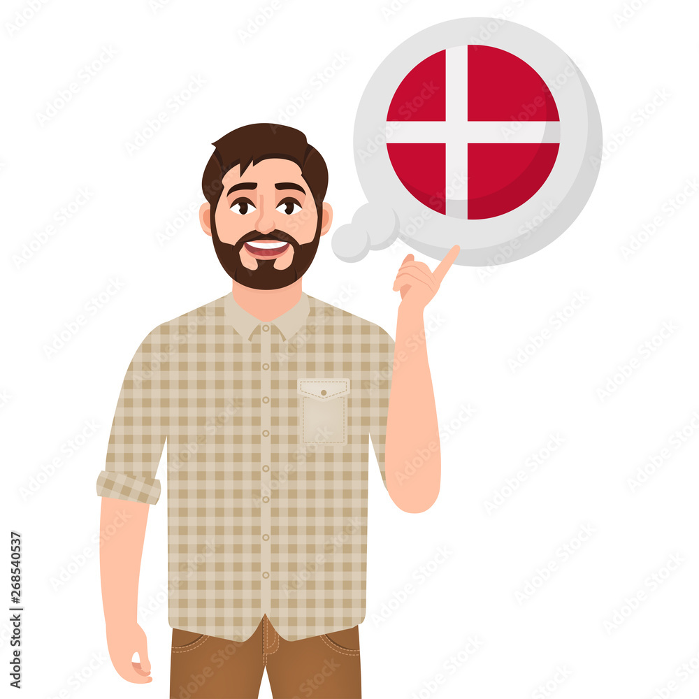 Happy bearded man says or thinks about the country Denmark, European country icon, traveler or tourist vector illustration