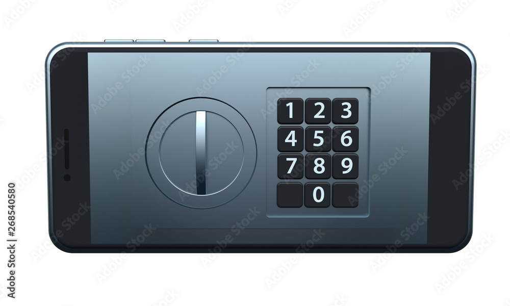 Online security concept. Mobile phone with screen safe isolated on white background. 3d rendering Online security concept. Mobile phone with screen safe isolated on white background. 3d rendering