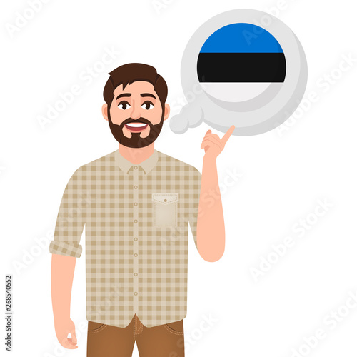Happy bearded man talking or thinking about country Estonia, European country icon, traveler or tourist vector illustration