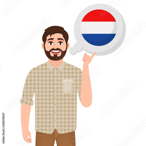 Happy bearded man talking or thinking about the country of the Netherlands, European country icon, traveler or tourist vector illustration