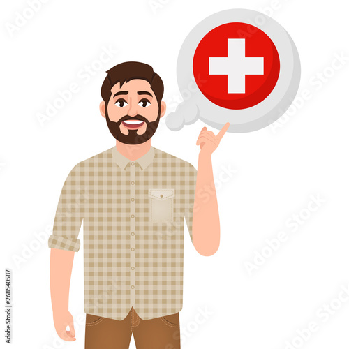 Happy bearded man says or thinks about Switzerland country, European country icon, traveler or tourist vector illustration