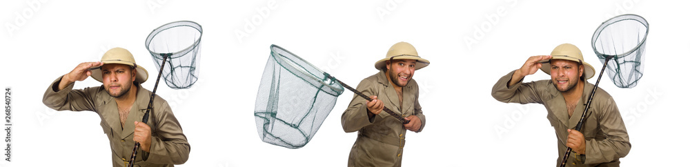 Man hunting for butterflies isolated on white Man hunting for butterflies isolated on white