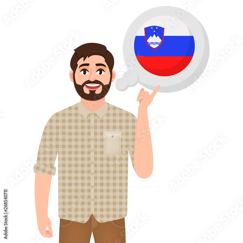 Happy bearded man says or thinks about the country of Slovenia, European country icon, traveler or tourist vector illustration