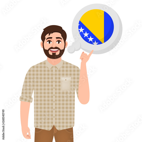 Happy bearded man says or thinks about the country Bosnia and Herzegovina, European country icon, traveler or tourist vector illustration
