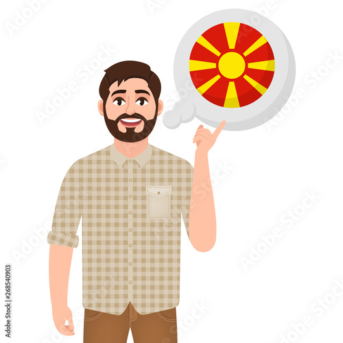 Happy bearded man says or thinks about the country. North Macedonia, European country icon, traveler or tourist. Vector illustration