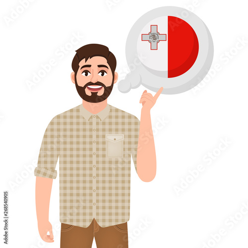 Happy bearded man says or thinks about the country of Malta, European country icon, traveler or tourist vector illustration