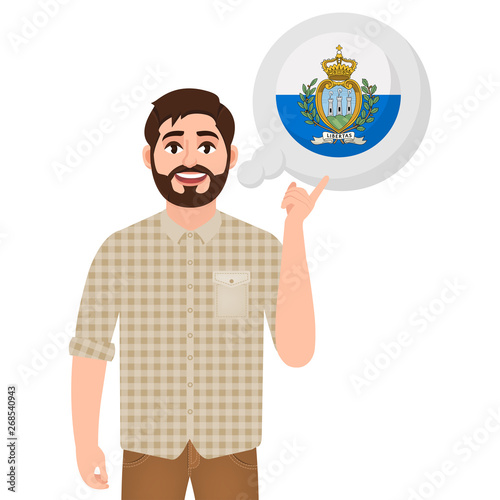 Happy bearded man talking or thinking about the country of San Marino, European country icon, traveler or tourist vector illustration