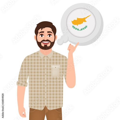 Happy bearded man talking or thinking about the country. Republic of Cyprus, European country icon, traveler or tourist. Vector illustration