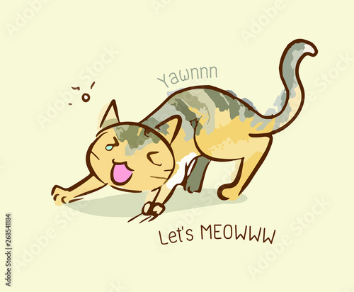 cute cat vector cartoon kawaii, water color style, pet relax  yawning © M Blackbunny