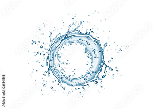 Blue circle water splash and drops isolated on white background.