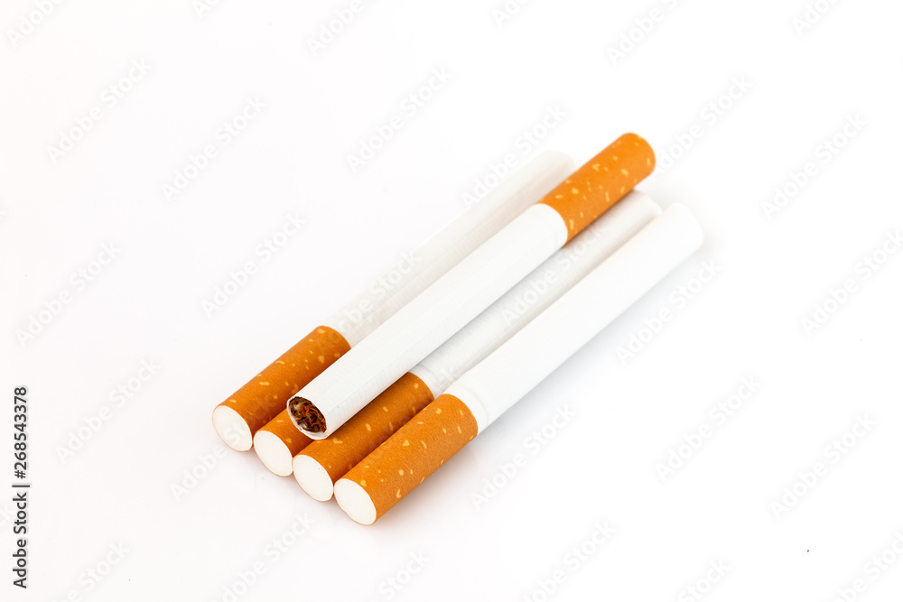 Tobacco smoking. Cigarette close up, isolated on white background. Bad habit. Nicotine. Drug addiction. Cancer. Tobacco smoking. Cigarette close up, isolated on white background. Bad habit. Nicotine. Drug addiction. Cancer.