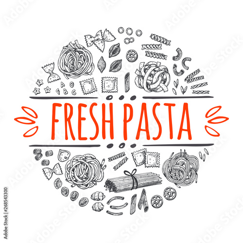 Fresh pasta concept design. Round circle composition. Hand drawn vector illustration. Can be used for badges, labels, logo, street festival, farmers market, country fair, shop, cafe