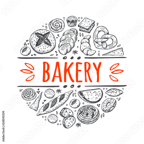 Bakery concept design. Hand drawn vector illustration. Can be used for badges, banner, sticker, street festival, farmers market, country fair, shop, bakehouse, cafe