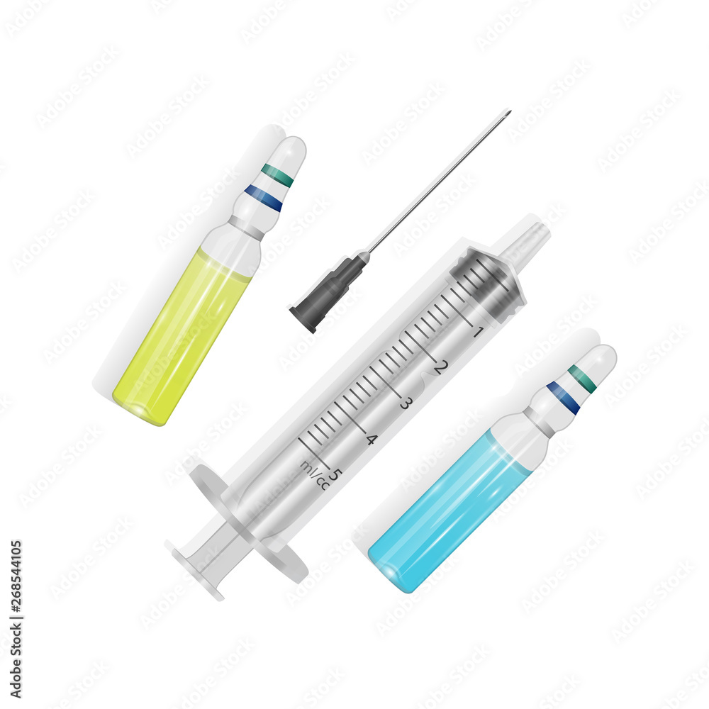 Realistic Medicine bottle for injection. Medical glass vials and syringe for vaccination, Top view, illustration isolated on white background. Vector EPS 10 illustration Realistic Medicine bottle for injection. Medical glass vials and syringe for vaccination, Top view, illustration isolated on white background. Vector EPS 10 illustration