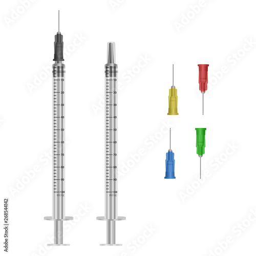 Insulin syringe 0.5 ml with various color hypodermic needles on white background, medical single use syringe vector EPS 10 illustration