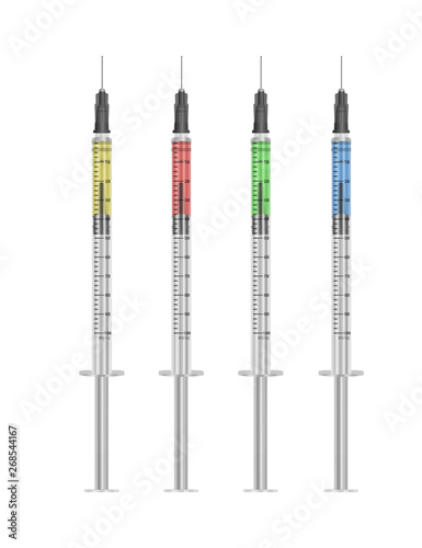Insulin syringe 0.5 ml with multi-colored liquids on a white background. Realistic vector EPS 10 illustration