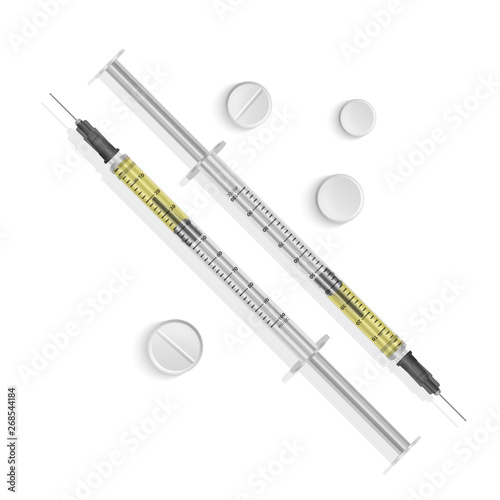 Insulin syringe 0.5 ml. Syringes are filled with a solution of vaccine. Illustration of medical syringes with needles in realistic style. Vector EPS 10 illustration