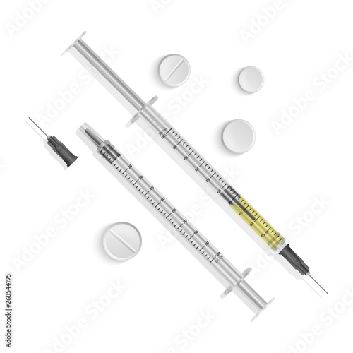 Insulin syringe 0.5 ml. Syringes are filled with a solution of vaccine. Illustration of medical syringes with needles in realistic style. Vector EPS 10 illustration