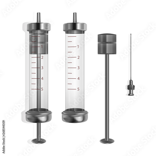 Syringe 5 ml with hypodermic needle on white background, medical reusable iron syringe assembled and disassembled, Vector EPS 10 illustration