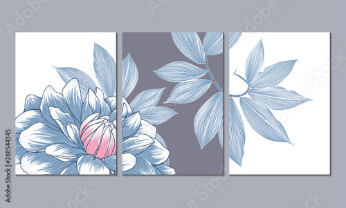 A set of three wall paintings, canvas for the living room. Poster element for interior design of a dining room, bedroom, office. Abstract floral background with dahlia flowers.Home decor of the walls