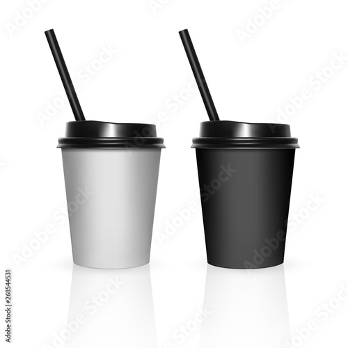 Set of Disposable black and white plastic Cups with a lid. Cup for coffee. Isolated on white background. 3d Realistic illustration.