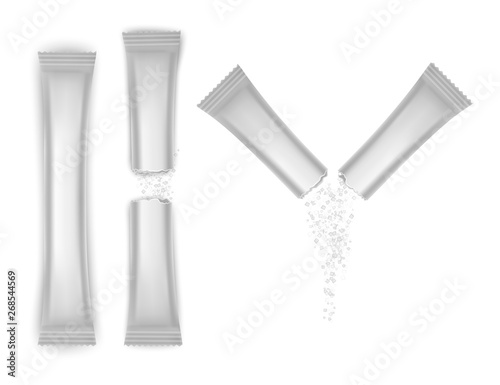 Set of packing stick of white color, Packaging Sachet Coffee, Salt, Sugar, Pepper Or Spices Ready For Your Design. Realistic Product Packing Vector EPS10