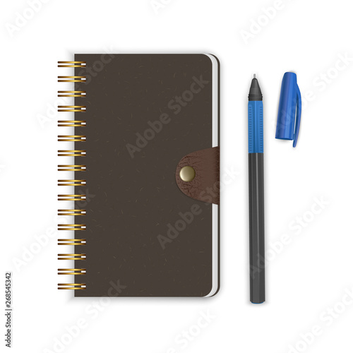 Spiral binding notebook or notepad and pen isolated on white background, Closed Sketchbook or diary. Vector EPS 10 illustration