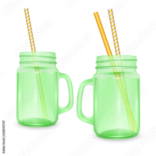 Set of empty jar for smoothies with striped straw for cocktails isolated on white background for advertising your products drinks in restaurants and cafes. Vector EPS 10 illustration